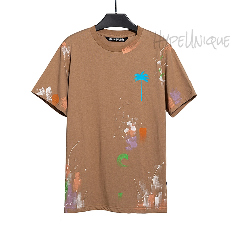 Palm Angels Men's Brown Palm-print Paint-splatter T-shirt